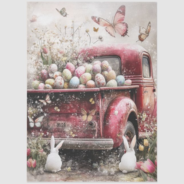 Decoupage Red Truck Bunnies Eggs Spring Easter  Tissue Paper (Front)