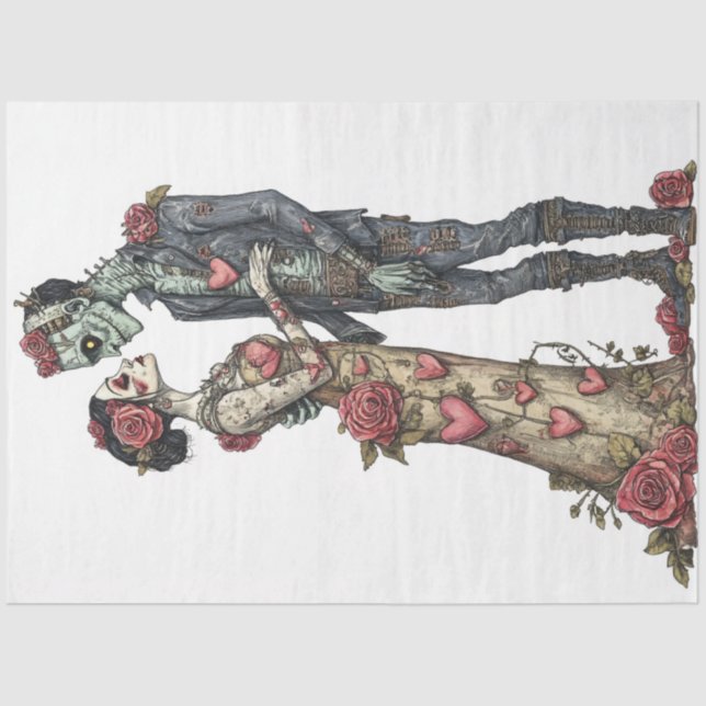 Decoupage Romantic Zombie Couple Valentine Embrace Tissue Paper (Front)