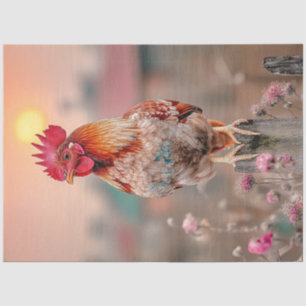 Decoupage Rooster Wooden Post Sunrise Crowing Tissue Paper