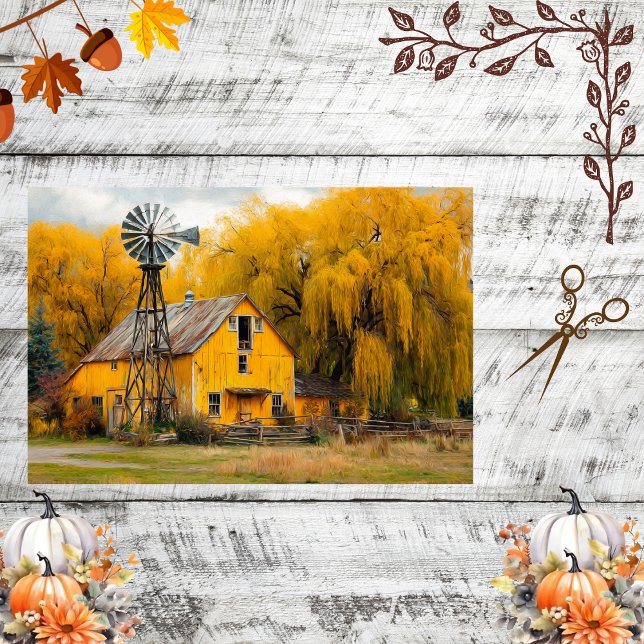 Decoupage Rustic Yellow Barn Windmill Willow Trees Tissue Paper (Creator Uploaded)