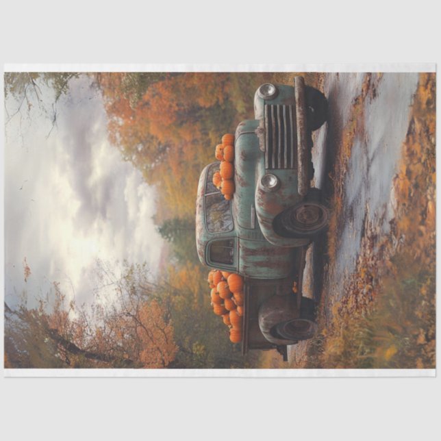 Decoupage Rusty Old Blue Truck Fall Scene Pumpkins Tissue Paper (Front)