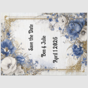 Decoupage Save The Date Blue Floral Boarder Tissue Paper
