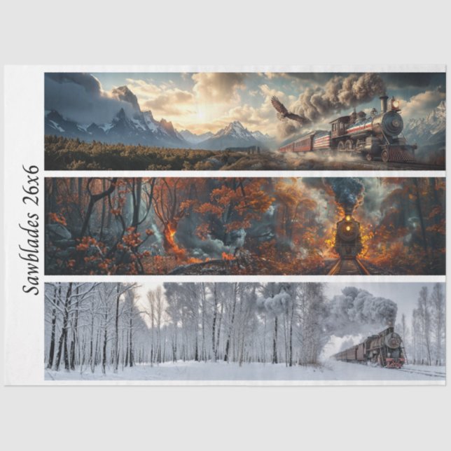 Decoupage Seasonal Trains 26x26 for Handsaws Tissue Paper (Front)