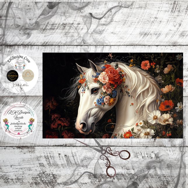 Decoupage Serene White Horse Tapestry Blooms  Tissue Paper (Creator Uploaded)