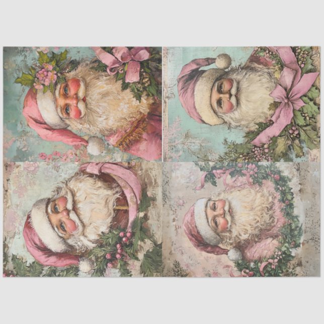 Decoupage Set of 4 Pink Santa's  Tissue Paper (Front)
