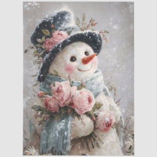 Decoupage Snowman with Pink Roses Tissue Paper