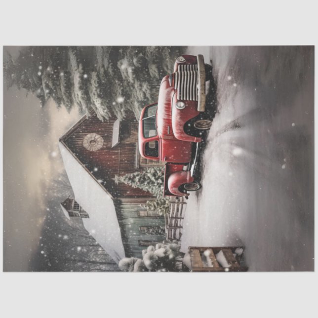 Decoupage Snowy Landscape Red Truck Barn Tissue Paper (Front)