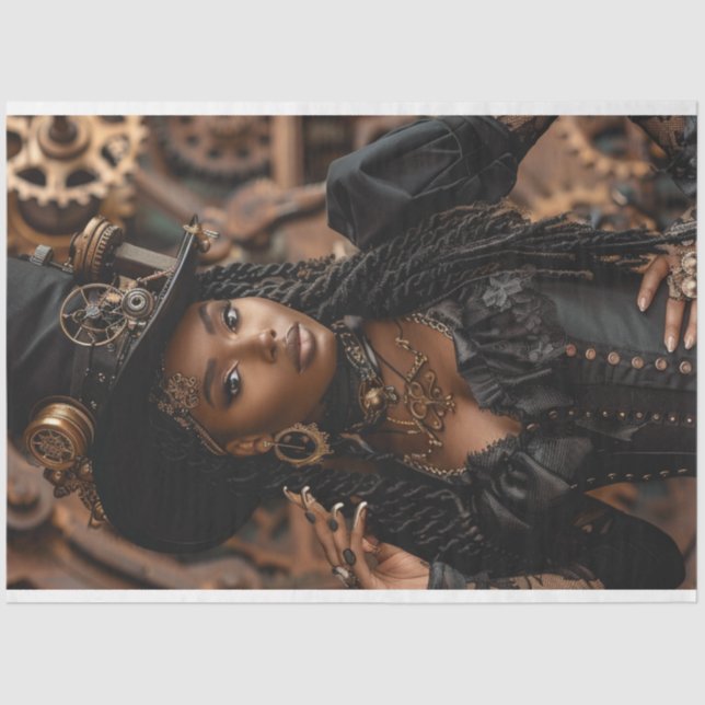 Decoupage Steampunk Gears Clocks Black Woman  Tissue Paper (Front)