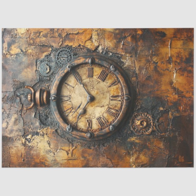 Decoupage Steampunk Patina Rusted Roman Clock  Tissue Paper (Front)