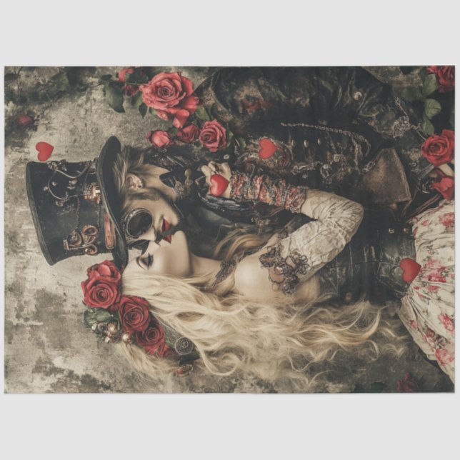 Decoupage Steampunk Valentine Couple Red Black  Tissue Paper (Front)