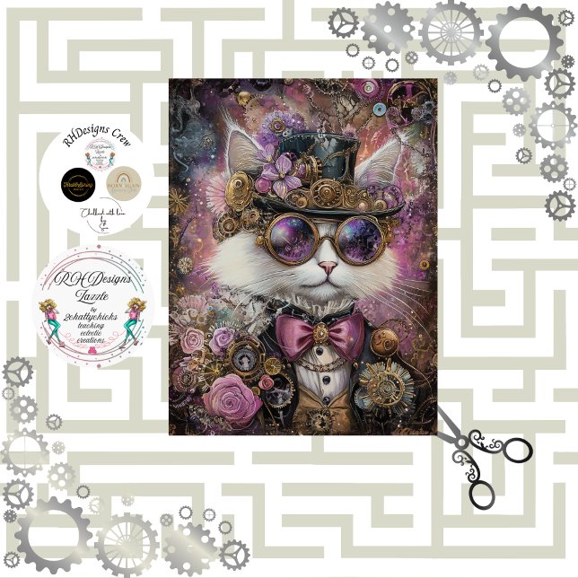 Decoupage Steampunk Vibrant Coloured Cat  Tissue Paper (Creator Uploaded)