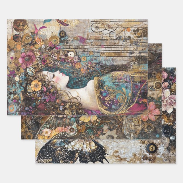 Decoupage Steampunk Victorian Lady Butterfly  Wrapping Paper Sheet (Set)