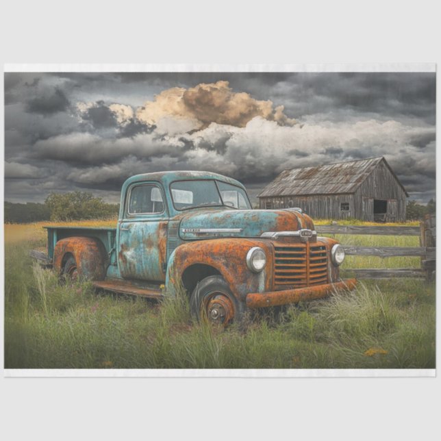 Decoupage Stormy Sky Rusty Teal Truck Barn Scene Tissue Paper (Front)
