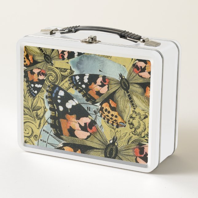 Decoupage Style Vintage Butterflies Metal Lunch Box (Front)