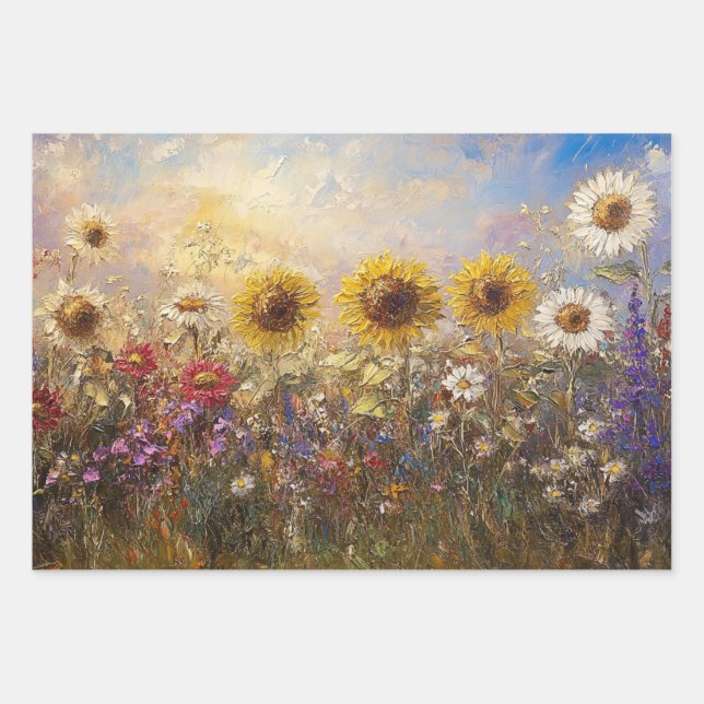 Decoupage Sunflowers Daisies Vibrant Coloured Pain Wrapping Paper Sheet (Front 3)