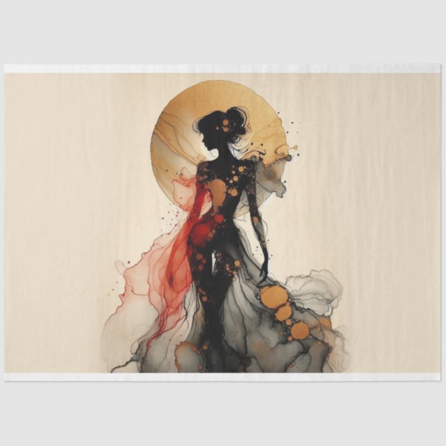 Decoupage Tissue Paper Lady Figure Red Black Gold (Front)