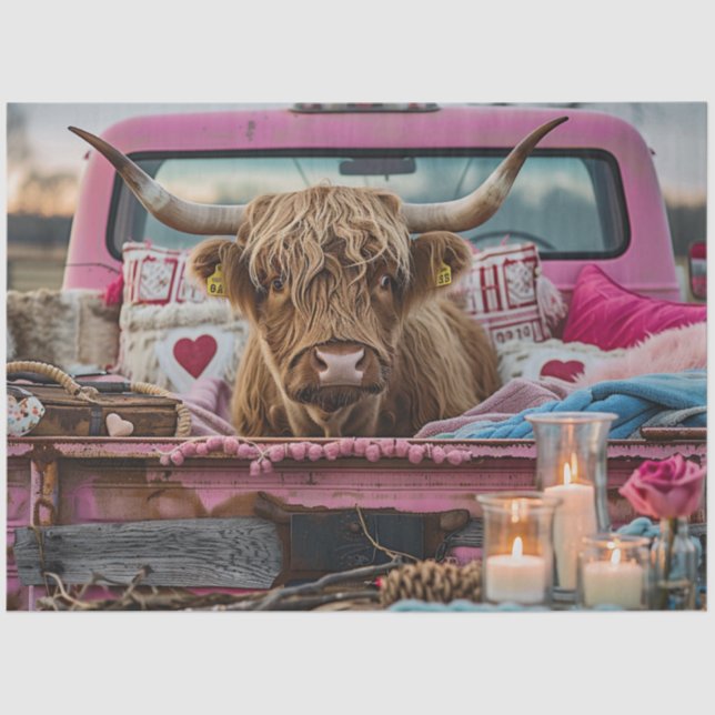Decoupage Valentine Highland Cow Vintage Truck  Tissue Paper (Front)