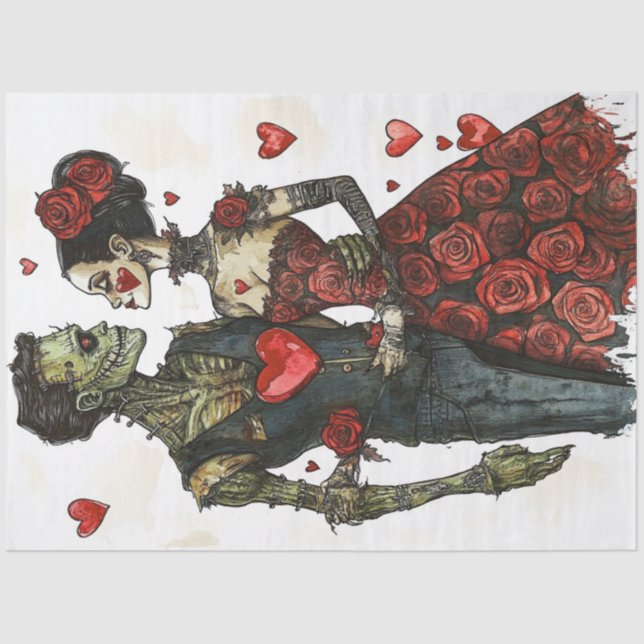Decoupage Valentine Skeleton Couple Floating Heart Tissue Paper (Front)