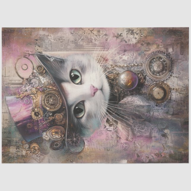 Decoupage Victorian Steampunk Pink Cat  Tissue Paper (Front)