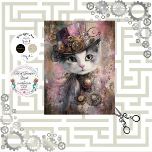 Decoupage Victorian Steampunk Pink Cat Tissue Paper