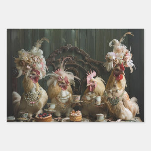 Decoupage Vintage Chickens Having a Tea Party  Wrapping Paper Sheet