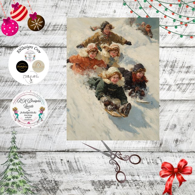 Decoupage Vintage Children Sledding Poster  Tissue Paper (Creator Uploaded)