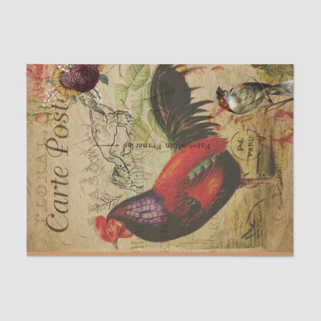  Decoupage Vintage Ephemera Rooster Farm postcard Tissue Paper (Front)