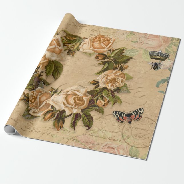 Decoupage Vintage Floral Autumn Gold Rose Ephemera Wrapping Paper (Unrolled)