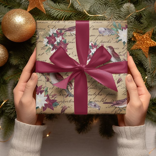 Decoupage Vintage Poinsettia Holiday Bird Writting Wrapping Paper (Creator Uploaded)