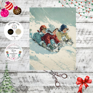 Decoupage Vintage Poster Children Sledding  Tissue Paper