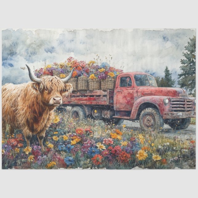 Decoupage Vintage Red Truck Field Flowers Tissue Paper (Front)