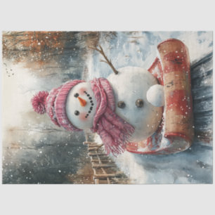 Decoupage Vintage Snowman on Sled  Tissue Paper