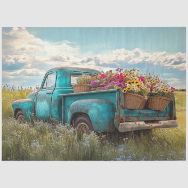 Decoupage Vintage Teal Truck Field of Sage Grass Tissue Paper (Front)