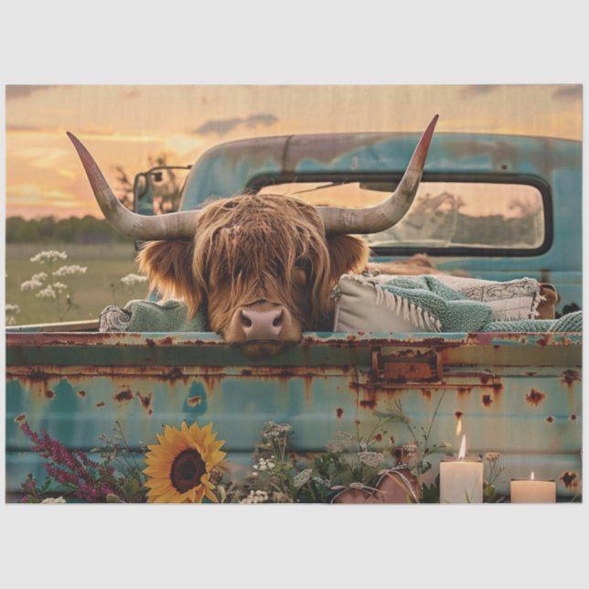 Decoupage Vintage Truck Highland Cow Sunflowers Tissue Paper (Front)