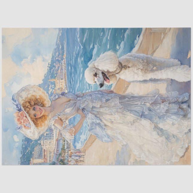 Decoupage Watercolor Elegant Lady Ocean & Poodle Tissue Paper (Front)