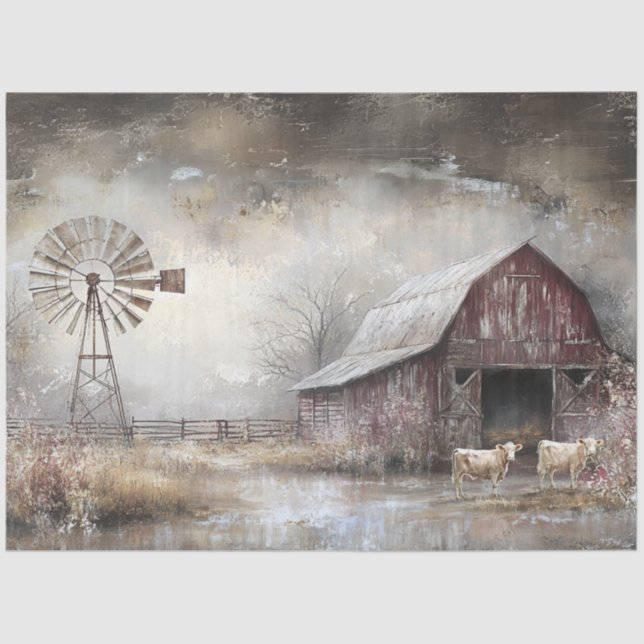 Decoupage Weathered Red Barn Windmill Cows Tissue Paper (Front)