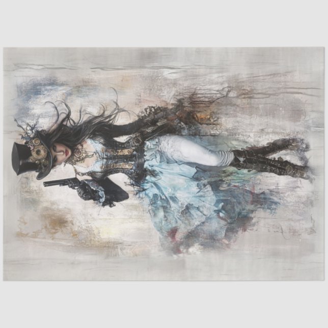 Decoupage Western Dress Lady Steampunk Blue Tissue Paper (Front)