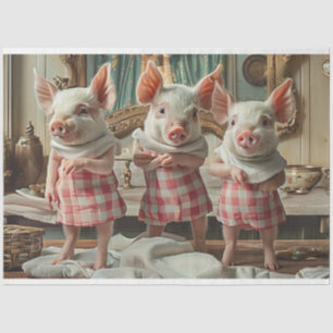 Decoupage Whimsical 3 Pigs Chequered Dresses  Tissue Paper