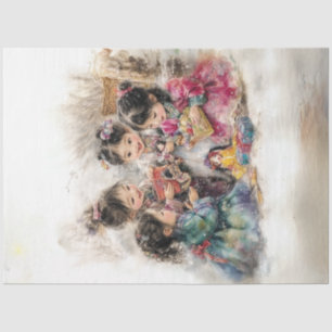 Decoupage Whimsical 4  Korean Children Playing  Tissue Paper