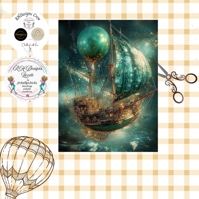 Decoupage Whimsical Airship Hot Air Balloon Greens Tissue Paper (Creator Uploaded)