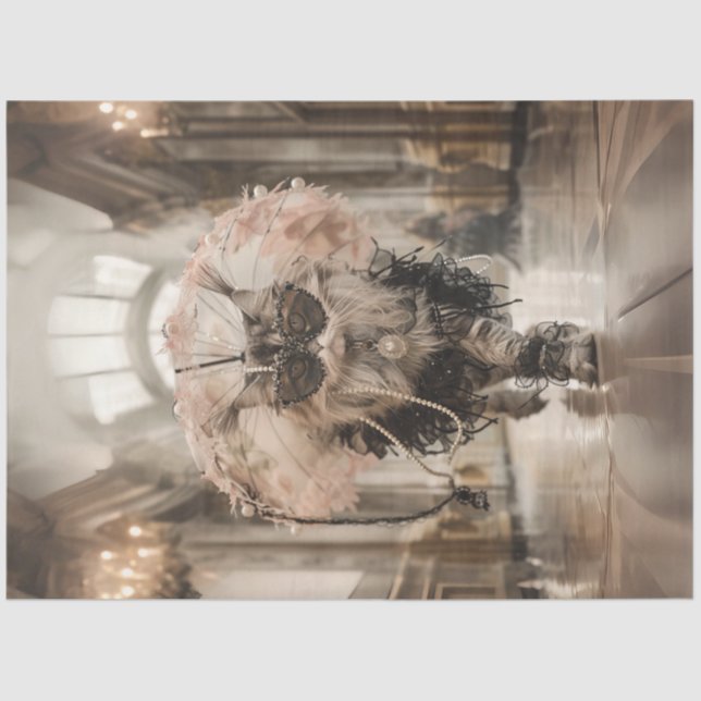 Decoupage Whimsical Cat on Walkway Pearls Lace  Tissue Paper (Front)