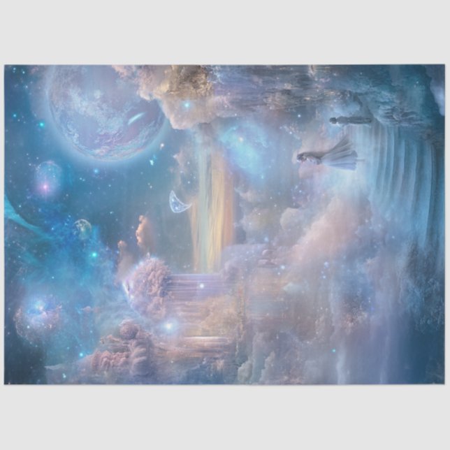 Decoupage Whimsical Celestial Landscape Misty Blue Tissue Paper (Front)