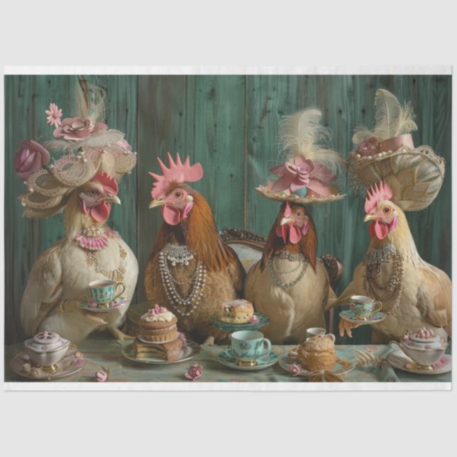 Decoupage Whimsical Chicken Chickadees Tea Party  Tissue Paper (Front)
