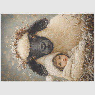 Decoupage Whimsical Child Sitting with Sheep  Tissue Paper