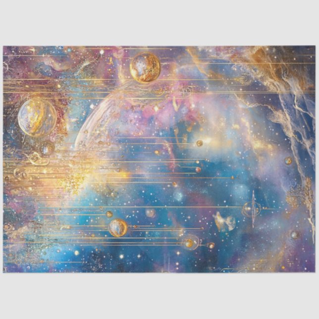 Decoupage Whimsical Comic Scene Gold Blues Tissue Paper (Front)