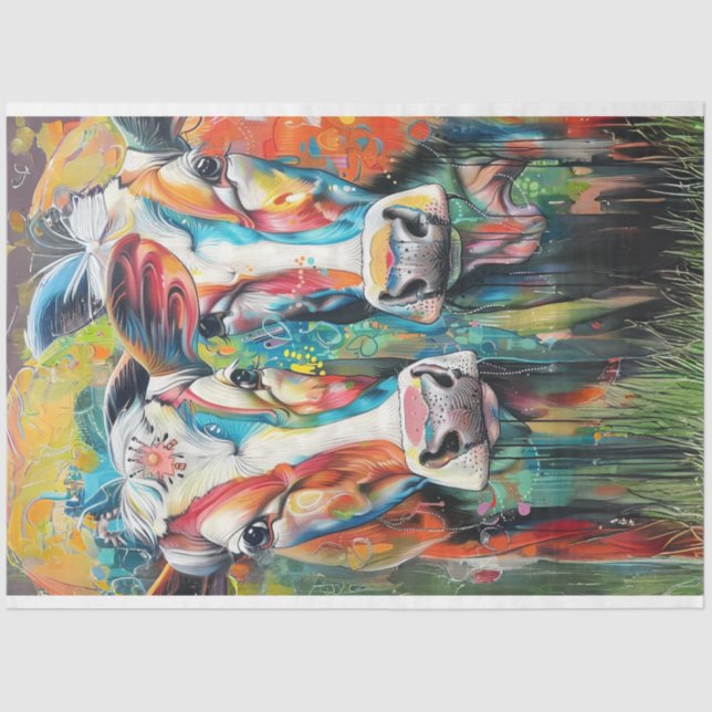 Decoupage Whimsical Eclectic Cow Painting  Tissue Paper (Front)
