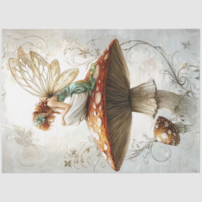 Decoupage Whimsical Fairy Red Mushroom Artwork  Tissue Paper (Front)