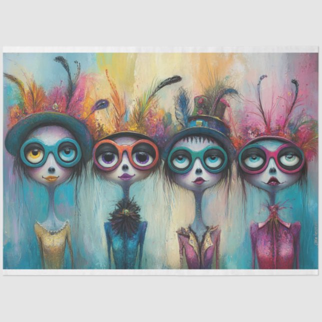 Decoupage Whimsical Feathered Foursome Ladies  Tissue Paper (Front)