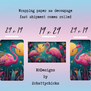 Decoupage Whimsical Flamingo Moon Teal Pinks  Wrapping Paper Sheet