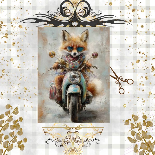 Decoupage Whimsical Fox Riding Motorcycle  Tissue Paper (Creator Uploaded)
